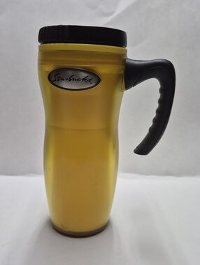 Vintage Starbucks Yellow Travel Mug with Black Handle Insulated Tumbler 16oz